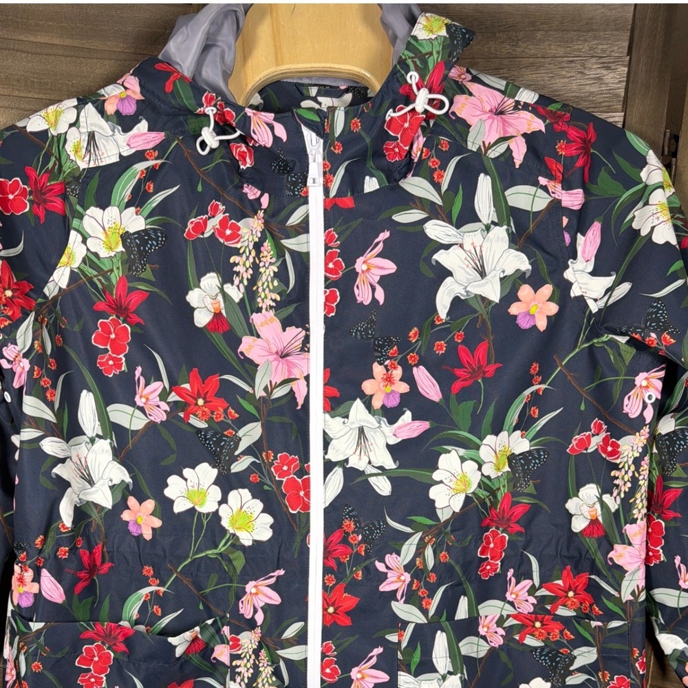 Nuage Women 1X Floral Butterfly Hooded Rain Jacket Navy Blue Full Zip Mesh Lined - Picture 3 of 10